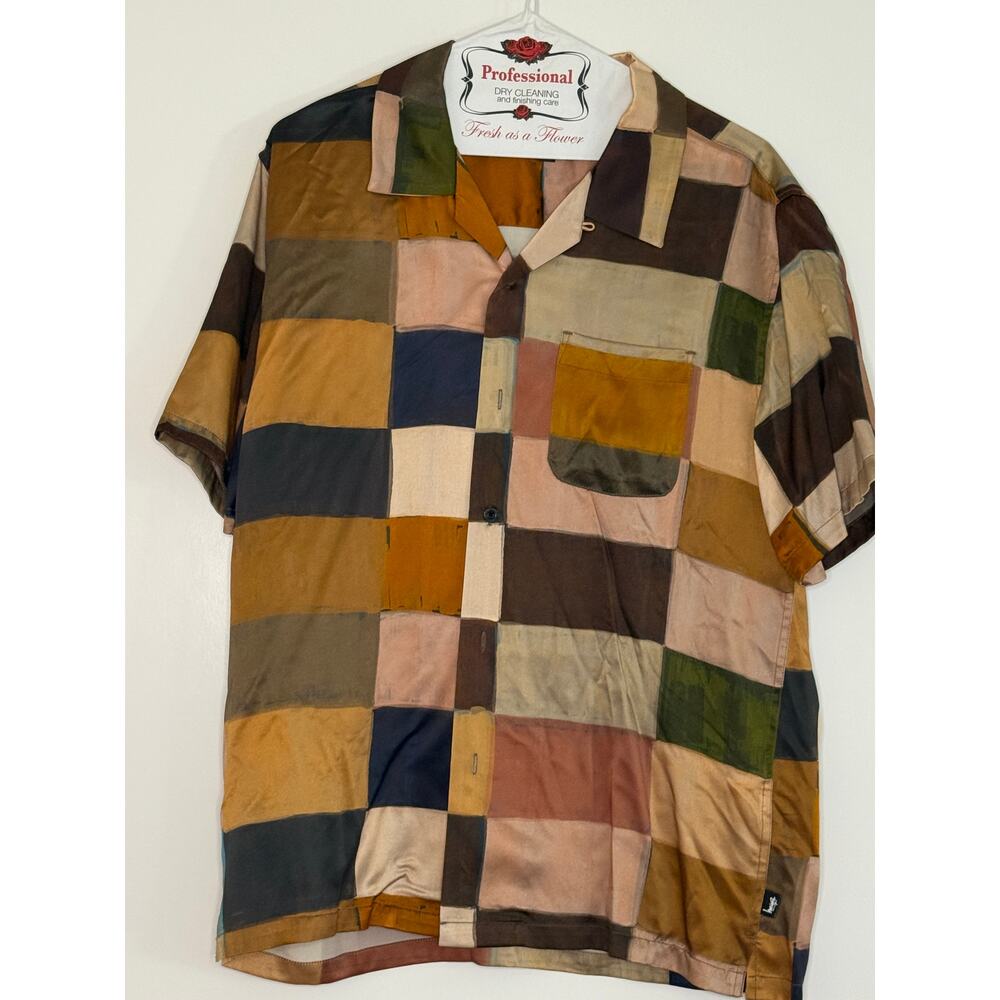 Men's Stussy Silk Short Sleeve Button Down Shirt Brown Blocks Medium
